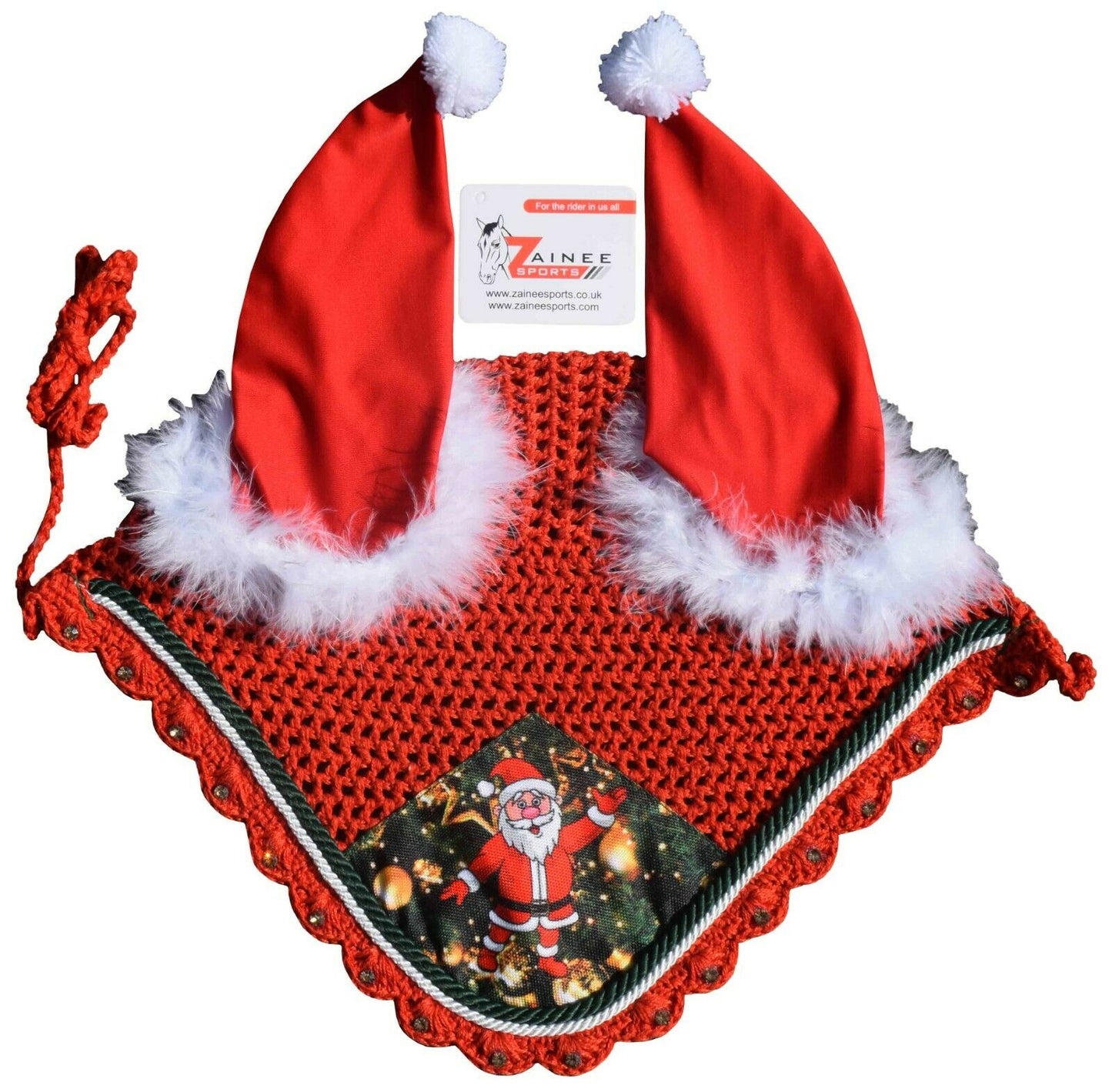 Santa Claus Christmas Horse Fly Bonnet Net Hat Hood Mask Fly Veil Full Hand Made Cotton