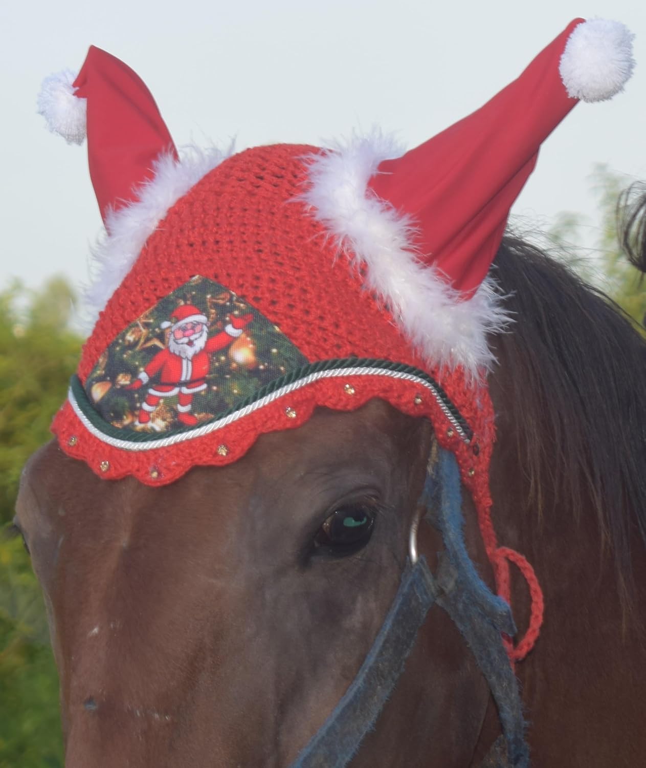 Santa Claus Christmas Horse Fly Bonnet Net Hat Hood Mask Fly Veil Full Hand Made Cotton