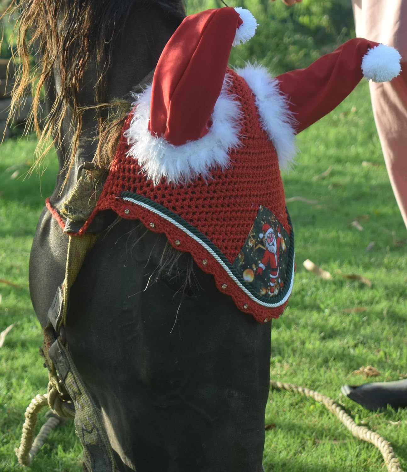 Santa Claus Christmas Horse Fly Bonnet Net Hat Hood Mask Fly Veil Full Hand Made Cotton