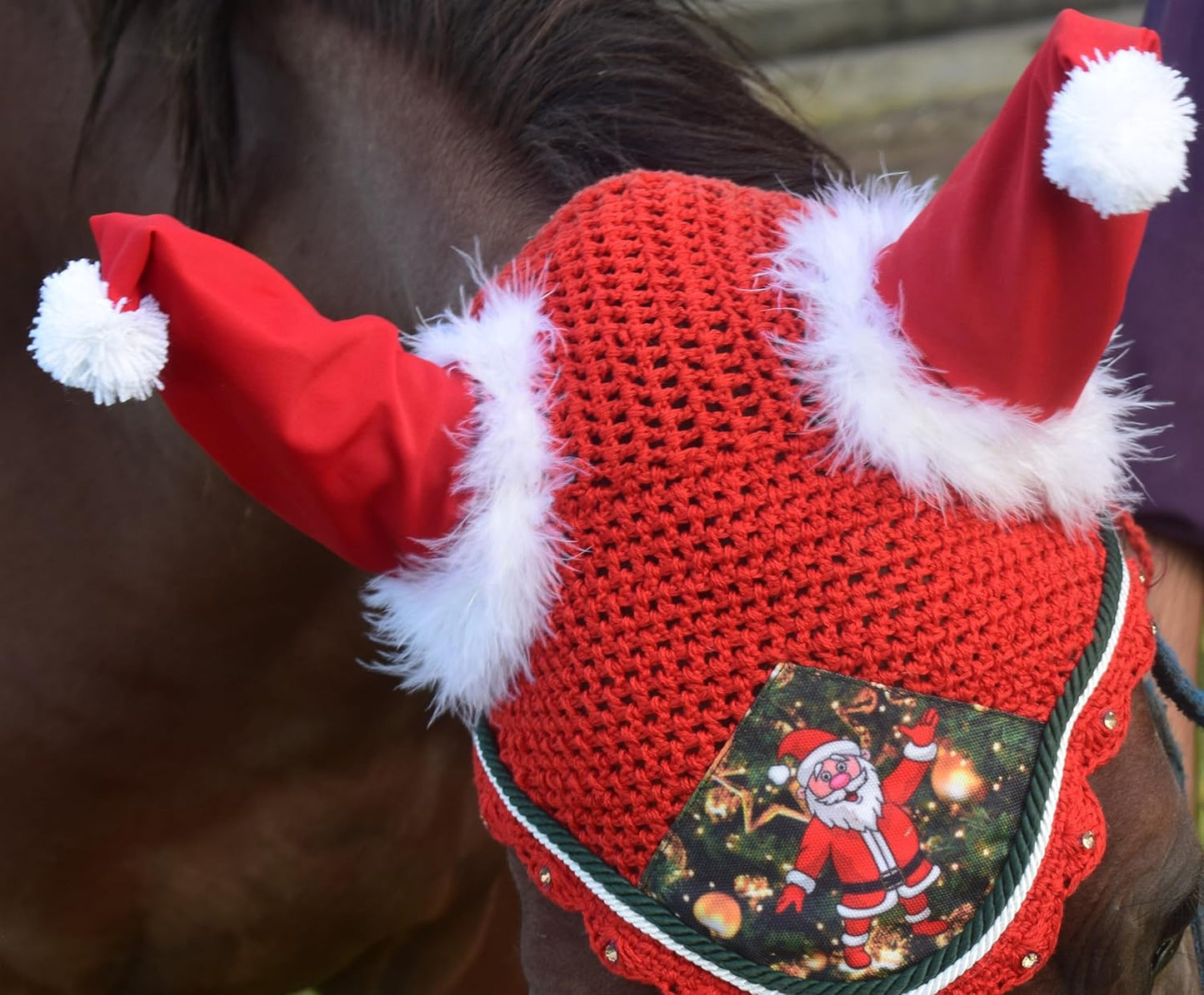 Santa Claus Christmas Horse Fly Bonnet Net Hat Hood Mask Fly Veil Full Hand Made Cotton