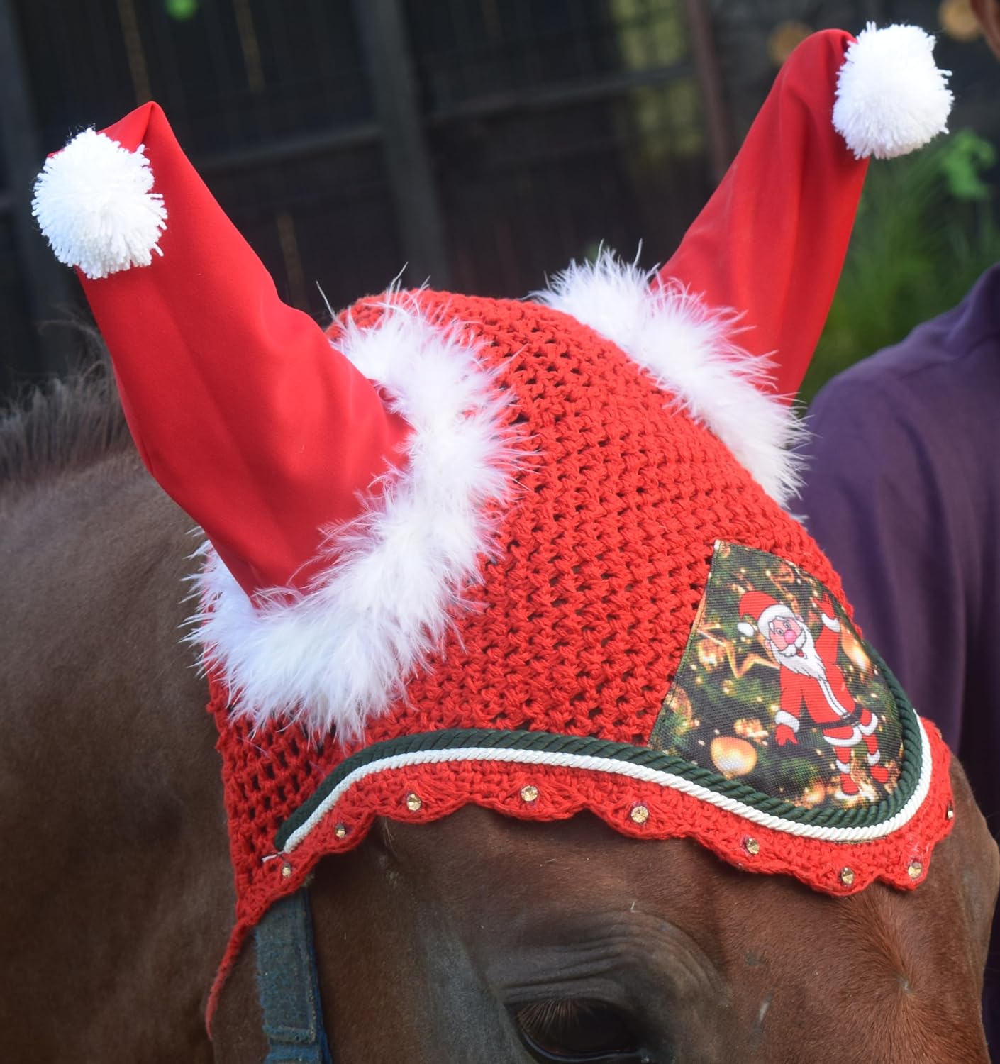 Santa Claus Christmas Horse Fly Bonnet Net Hat Hood Mask Fly Veil Full Hand Made Cotton