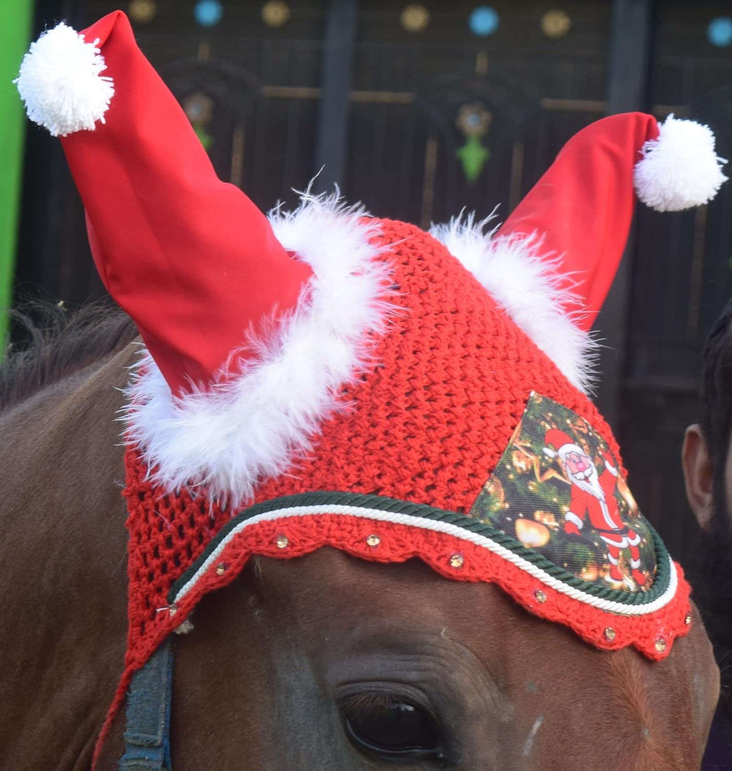 Santa Claus Christmas Horse Fly Bonnet Net Hat Hood Mask Fly Veil Full Hand Made Cotton