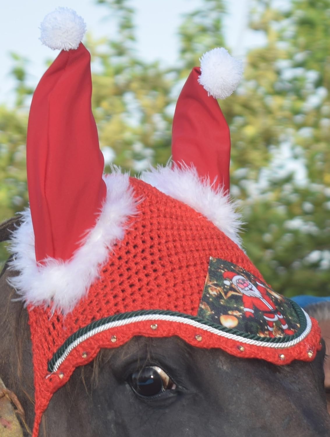 Santa Claus Christmas Horse Fly Bonnet Net Hat Hood Mask Fly Veil Full Hand Made Cotton