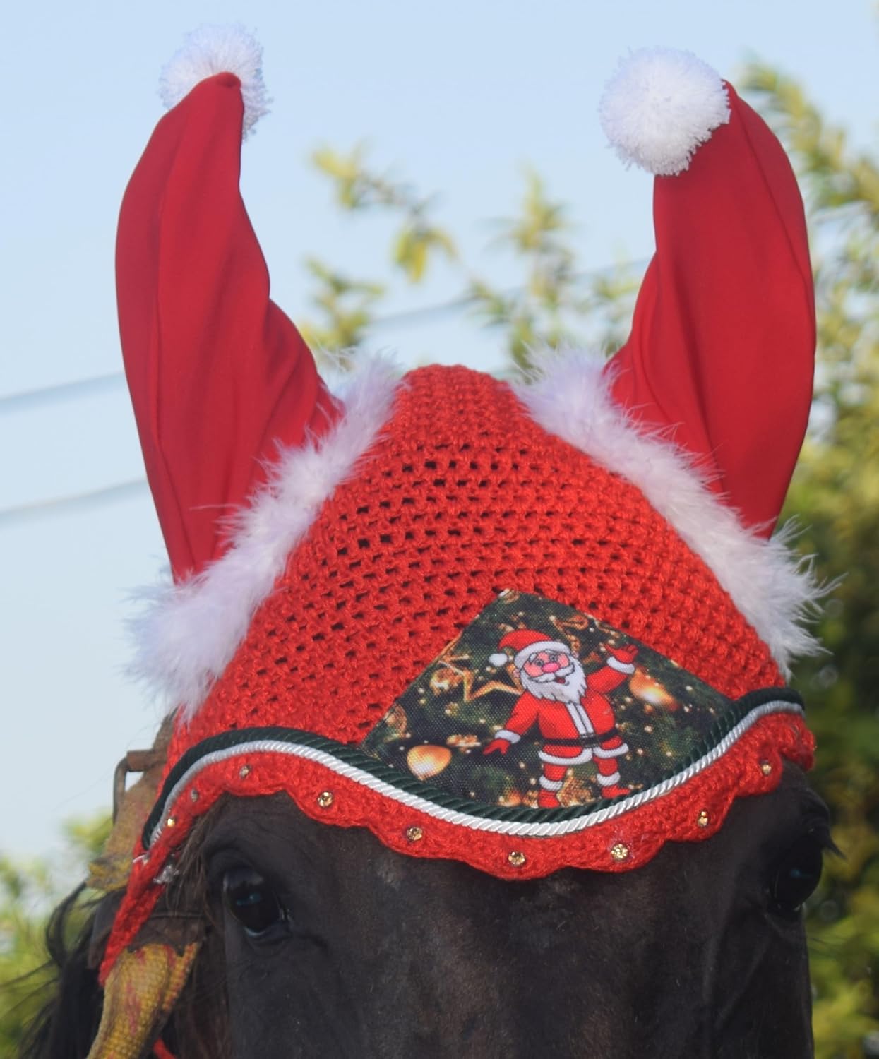 Santa Claus Christmas Horse Fly Bonnet Net Hat Hood Mask Fly Veil Full Hand Made Cotton