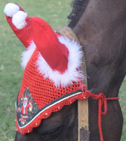 Santa Claus Christmas Horse Fly Bonnet Net Hat Hood Mask Fly Veil Full Hand Made Cotton
