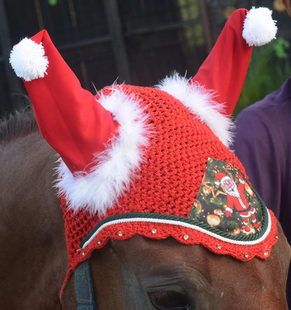 Santa Claus Christmas Horse Fly Bonnet Net Hat Hood Mask Fly Veil Full Hand Made Cotton