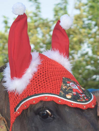Santa Claus Christmas Horse Fly Bonnet Net Hat Hood Mask Fly Veil Full Hand Made Cotton